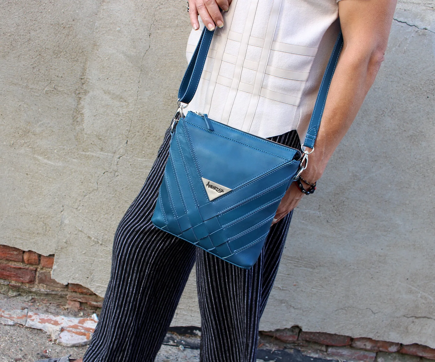 Criss-Cross Genuine Leather Prussian Blue Small Handbag