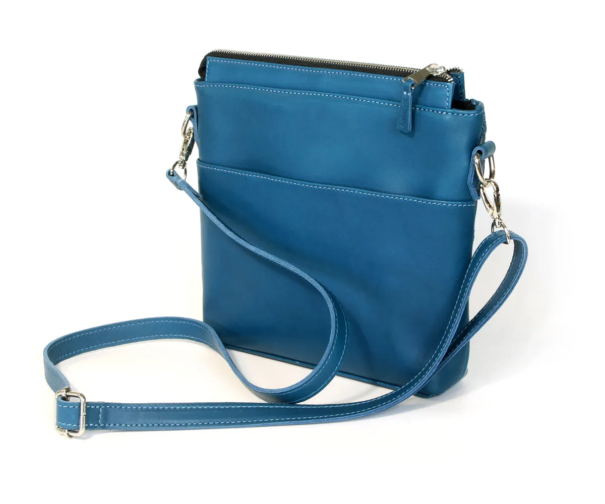Criss-Cross Genuine Leather Prussian Blue Small Handbag