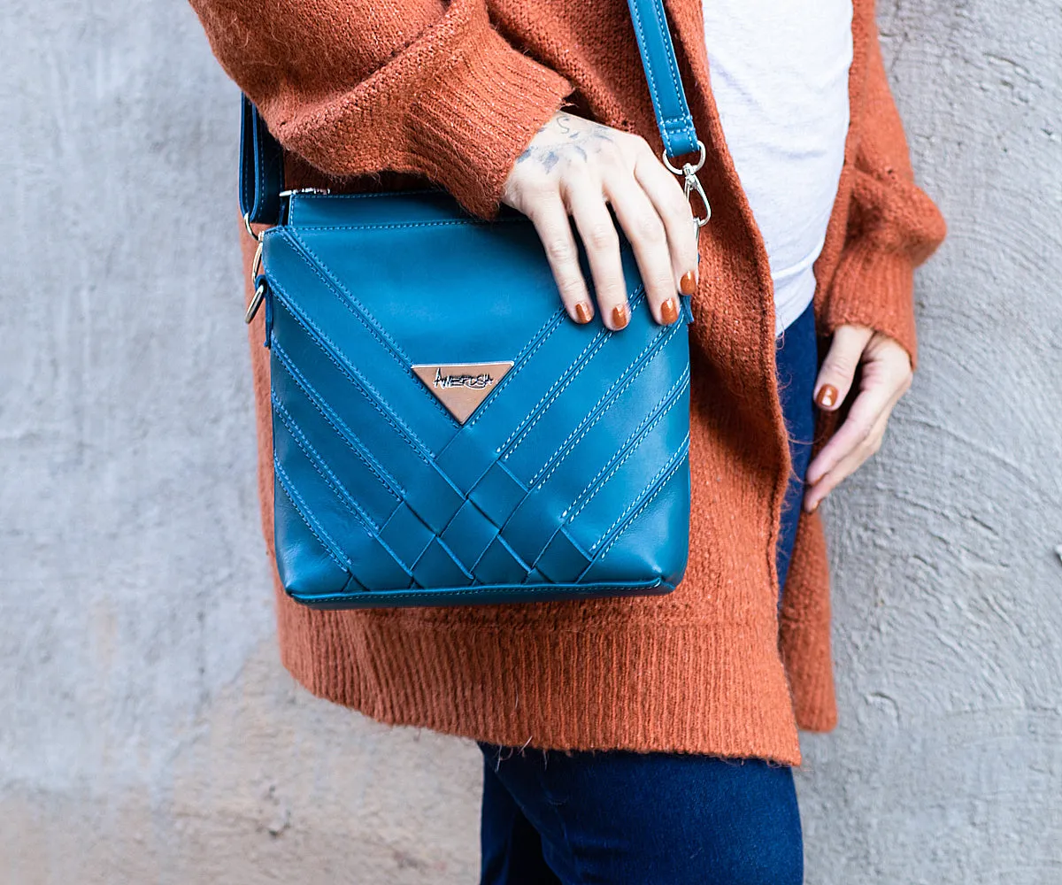 Criss-Cross Genuine Leather Prussian Blue Small Handbag