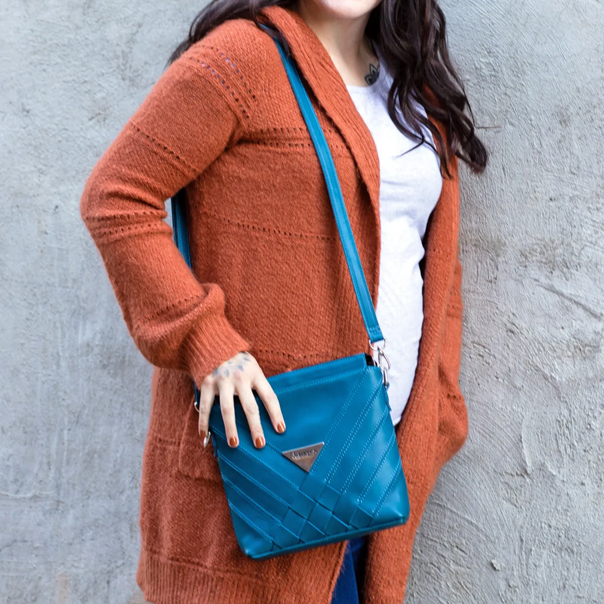 Criss-Cross Genuine Leather Prussian Blue Small Handbag