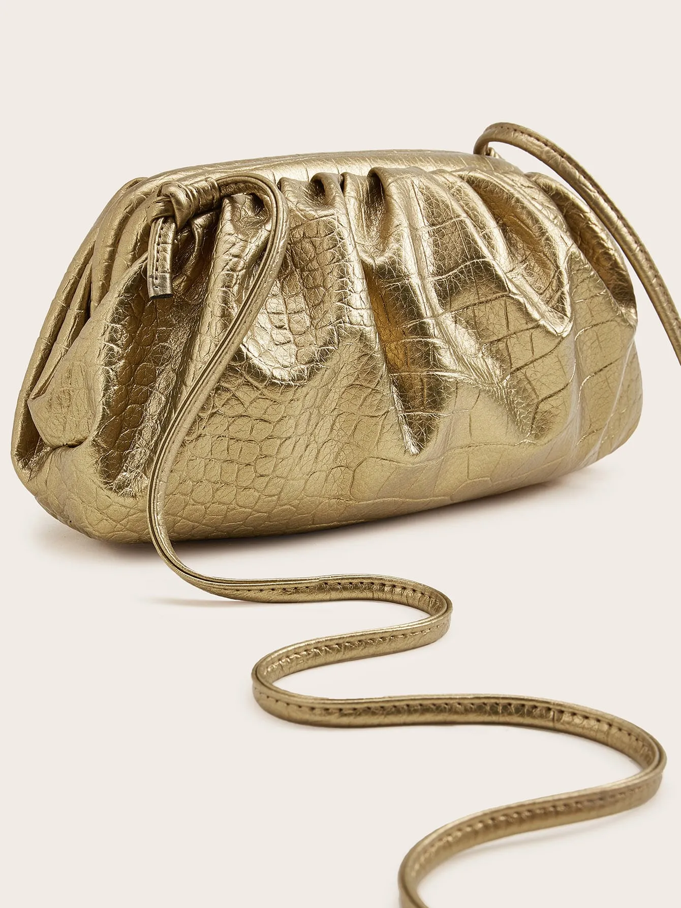Croc Embossed Ruched Clutch Bag - Gold- FD ⚡