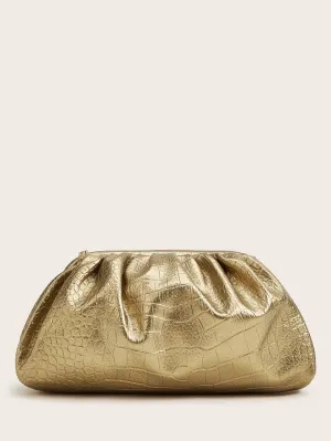 Croc Embossed Ruched Clutch Bag - Gold- FD ⚡