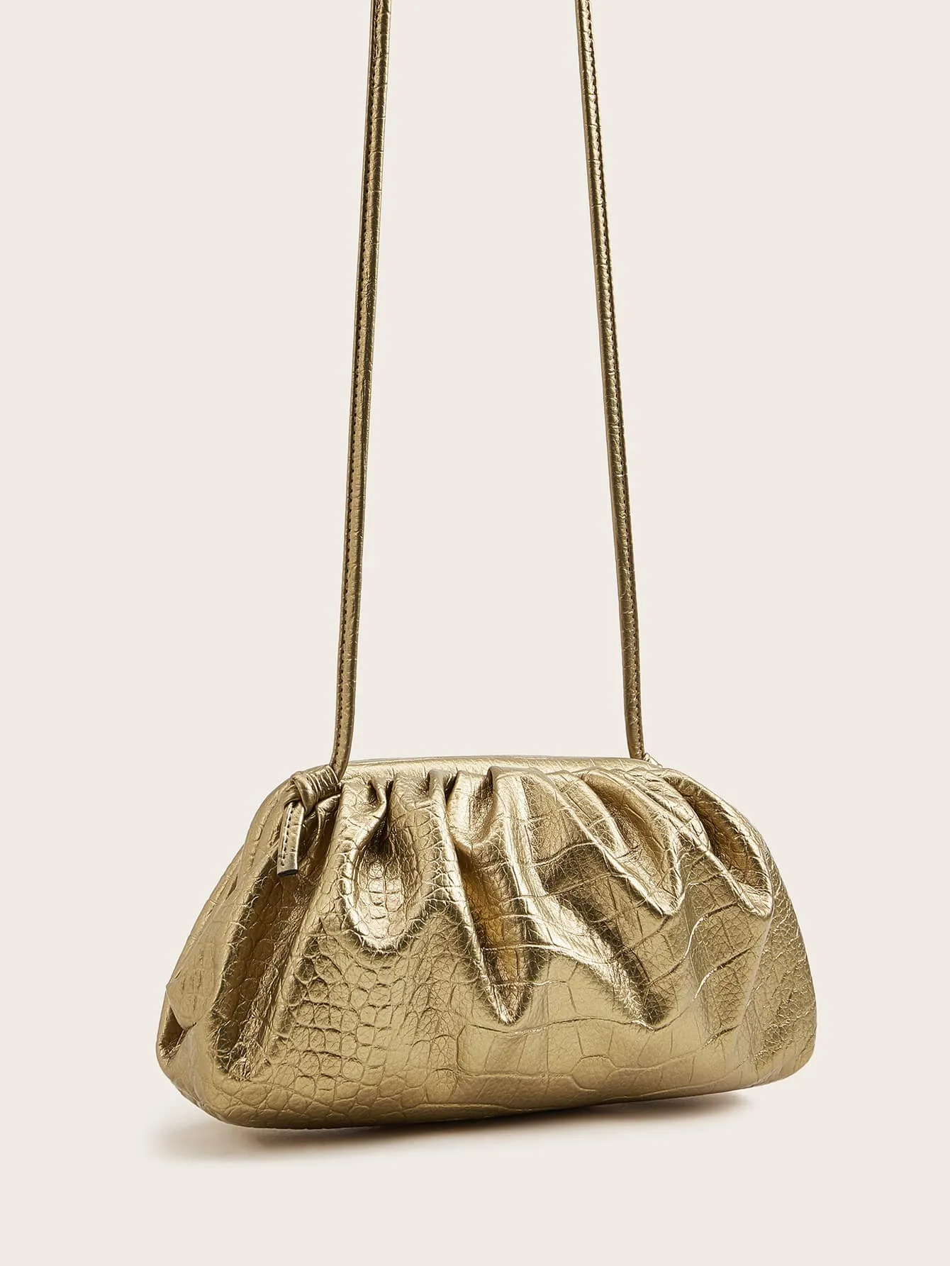 Croc Embossed Ruched Clutch Bag - Gold- FD ⚡