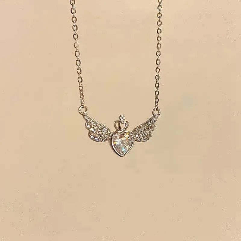 Dainty CZ Inlaid Crown Heart Angel Wings Necklace