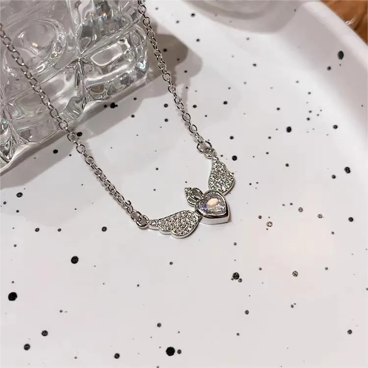 Dainty CZ Inlaid Crown Heart Angel Wings Necklace