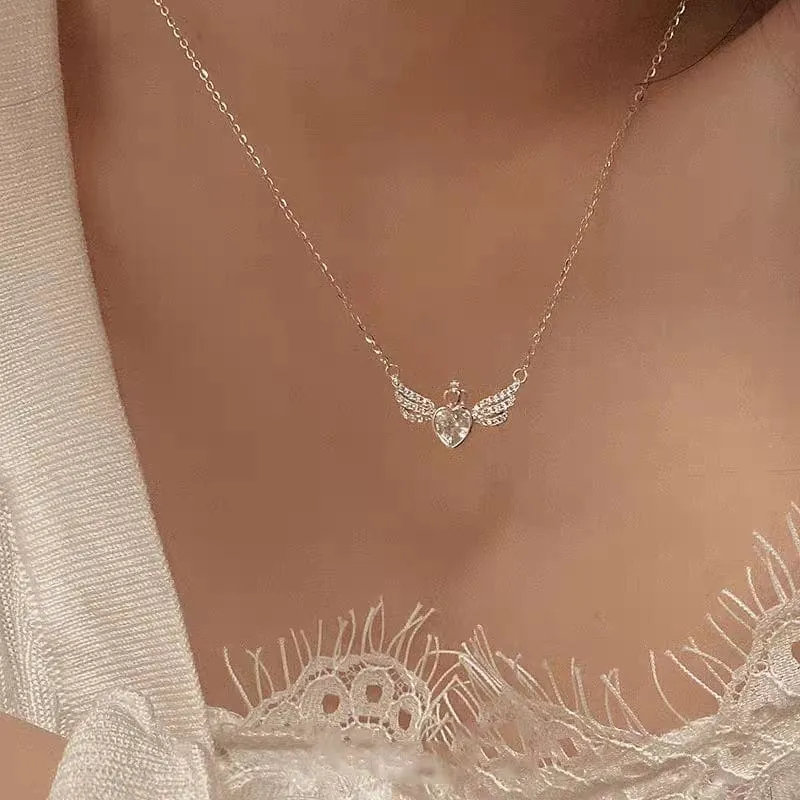 Dainty CZ Inlaid Crown Heart Angel Wings Necklace