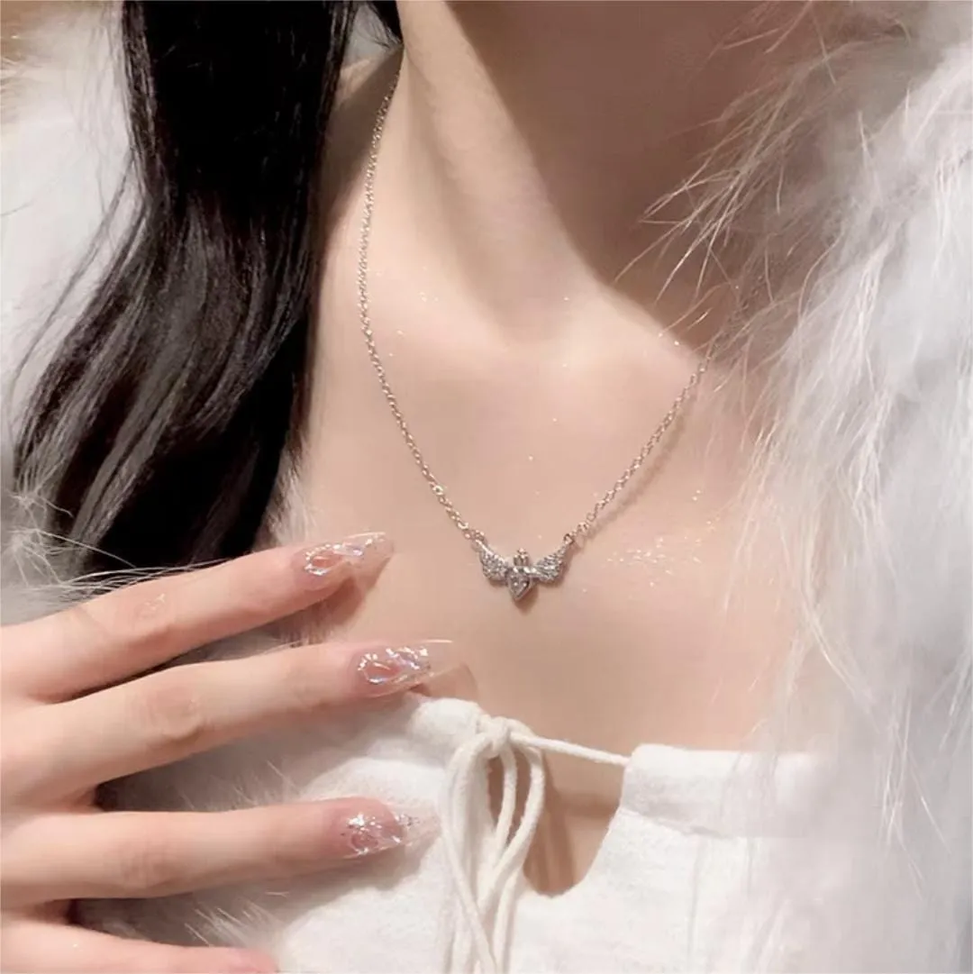 Dainty CZ Inlaid Crown Heart Angel Wings Necklace