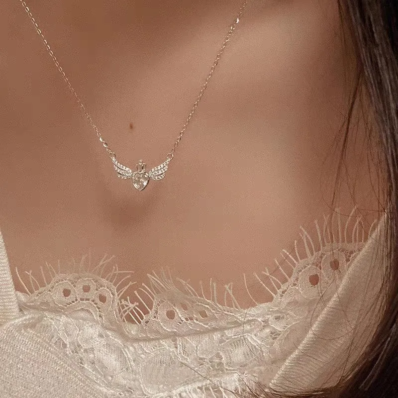 Dainty CZ Inlaid Crown Heart Angel Wings Necklace