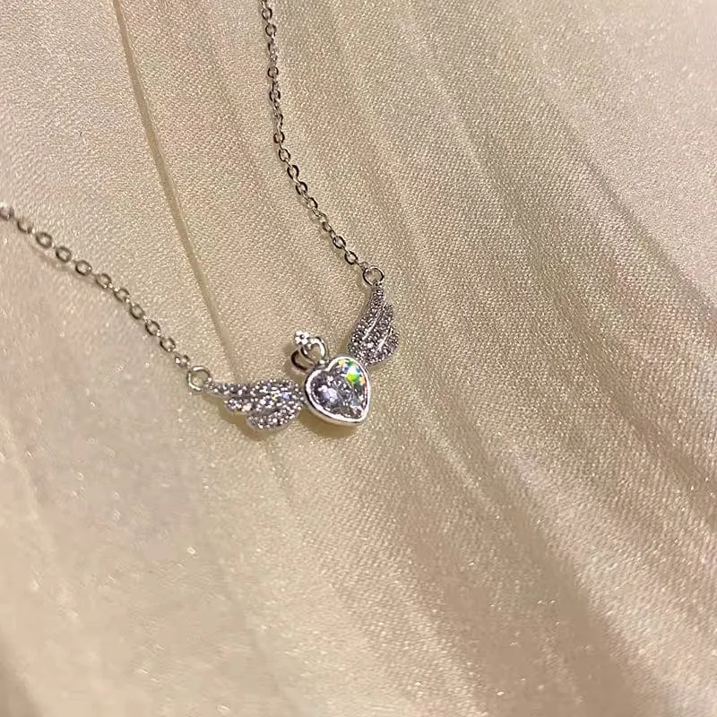 Dainty CZ Inlaid Crown Heart Angel Wings Necklace