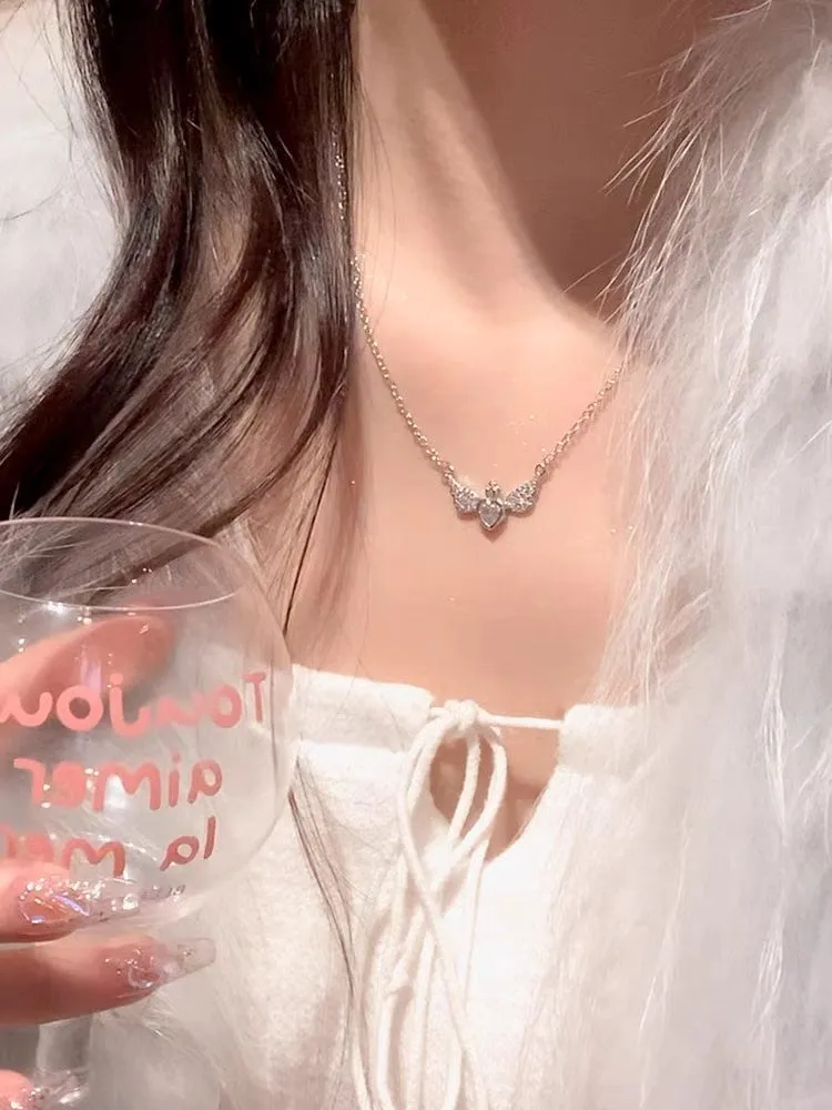 Dainty CZ Inlaid Crown Heart Angel Wings Necklace