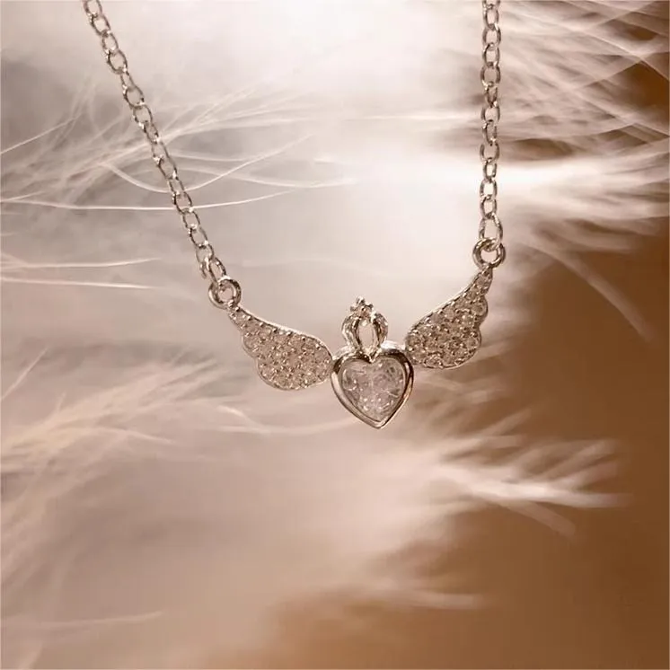 Dainty CZ Inlaid Crown Heart Angel Wings Necklace