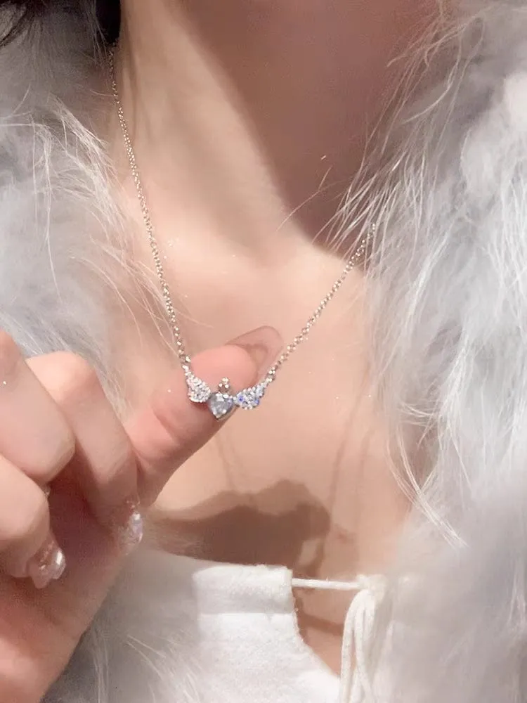 Dainty CZ Inlaid Crown Heart Angel Wings Necklace