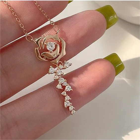 Dainty CZ Inlaid Rose Necklace