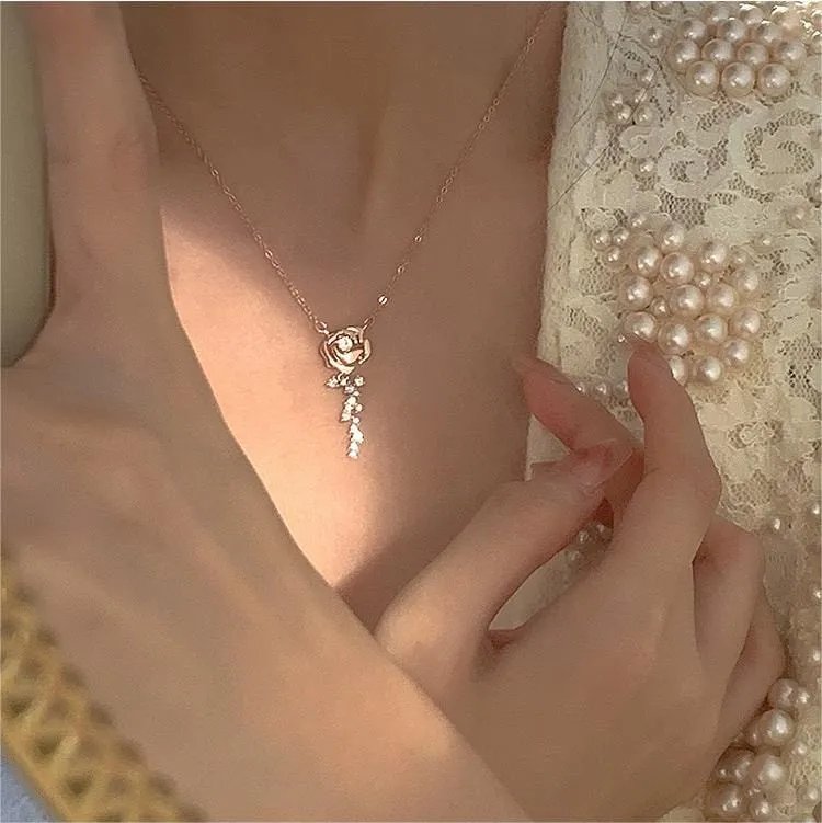 Dainty CZ Inlaid Rose Necklace