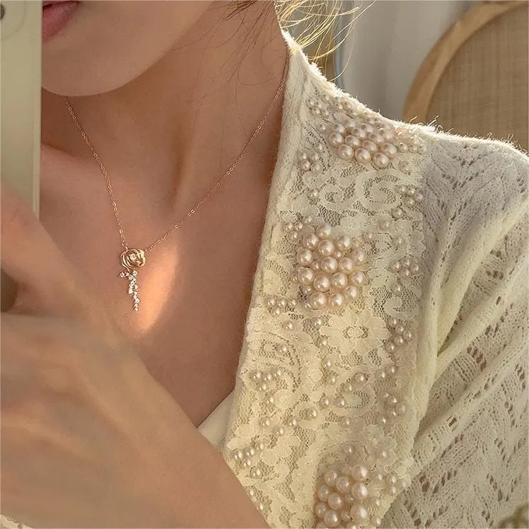 Dainty CZ Inlaid Rose Necklace