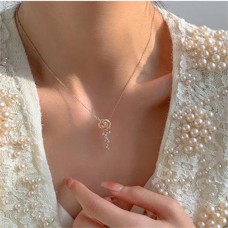 Dainty CZ Inlaid Rose Necklace