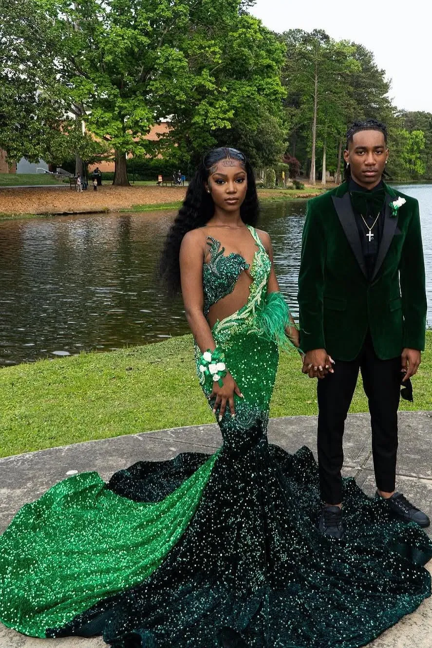 Dark Green Emerald Green Mermaid Hot See through Keyhole Prom Dresses