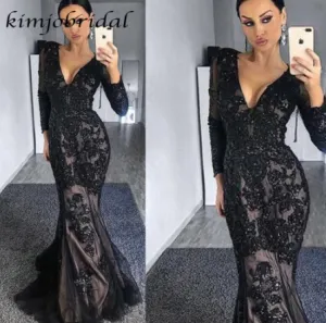 deep v neck black evening dresses long sleeve lace appliqué mermaid beaded luxury evening gown 2020