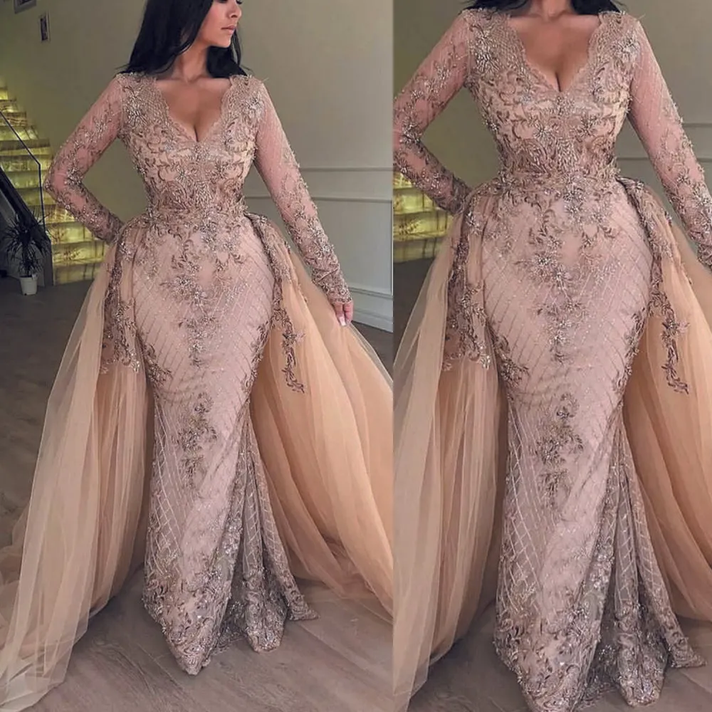 deep v neck champagne evening dresses 2020 lace appliqué detachable skirt elegant evening gowns vestido de Longo