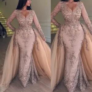deep v neck champagne evening dresses 2020 lace appliqué detachable skirt elegant evening gowns vestido de Longo