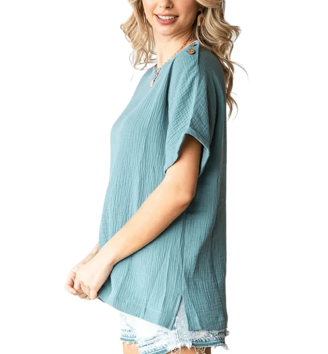 Denise Gauze Button Shoulder Top