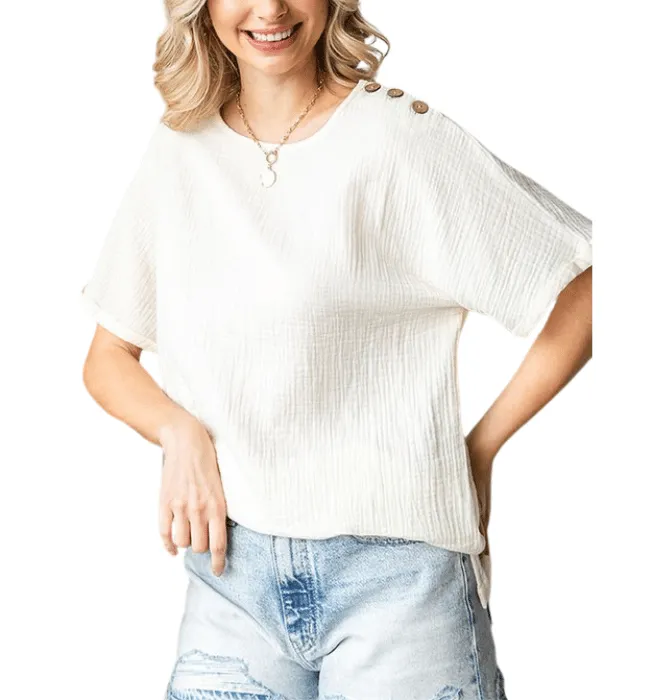 Denise Gauze Button Shoulder Top