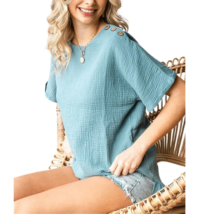 Denise Gauze Button Shoulder Top