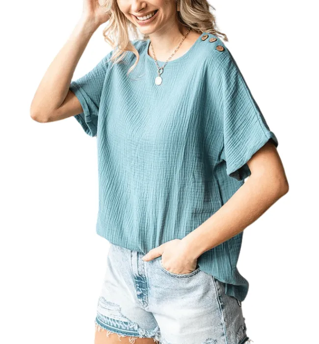 Denise Gauze Button Shoulder Top