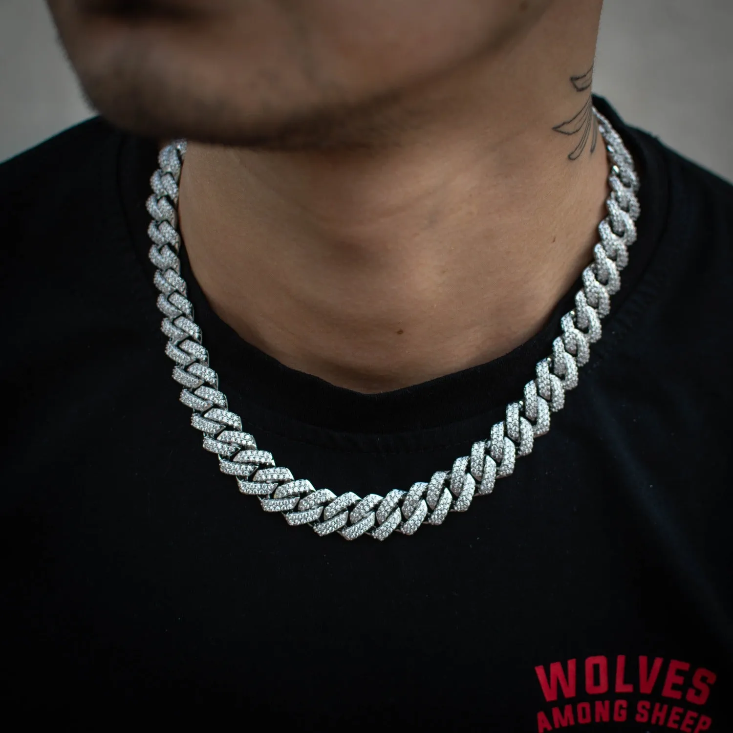 Diamond Straight Edge Cuban Link Chain (12mm) in White Gold