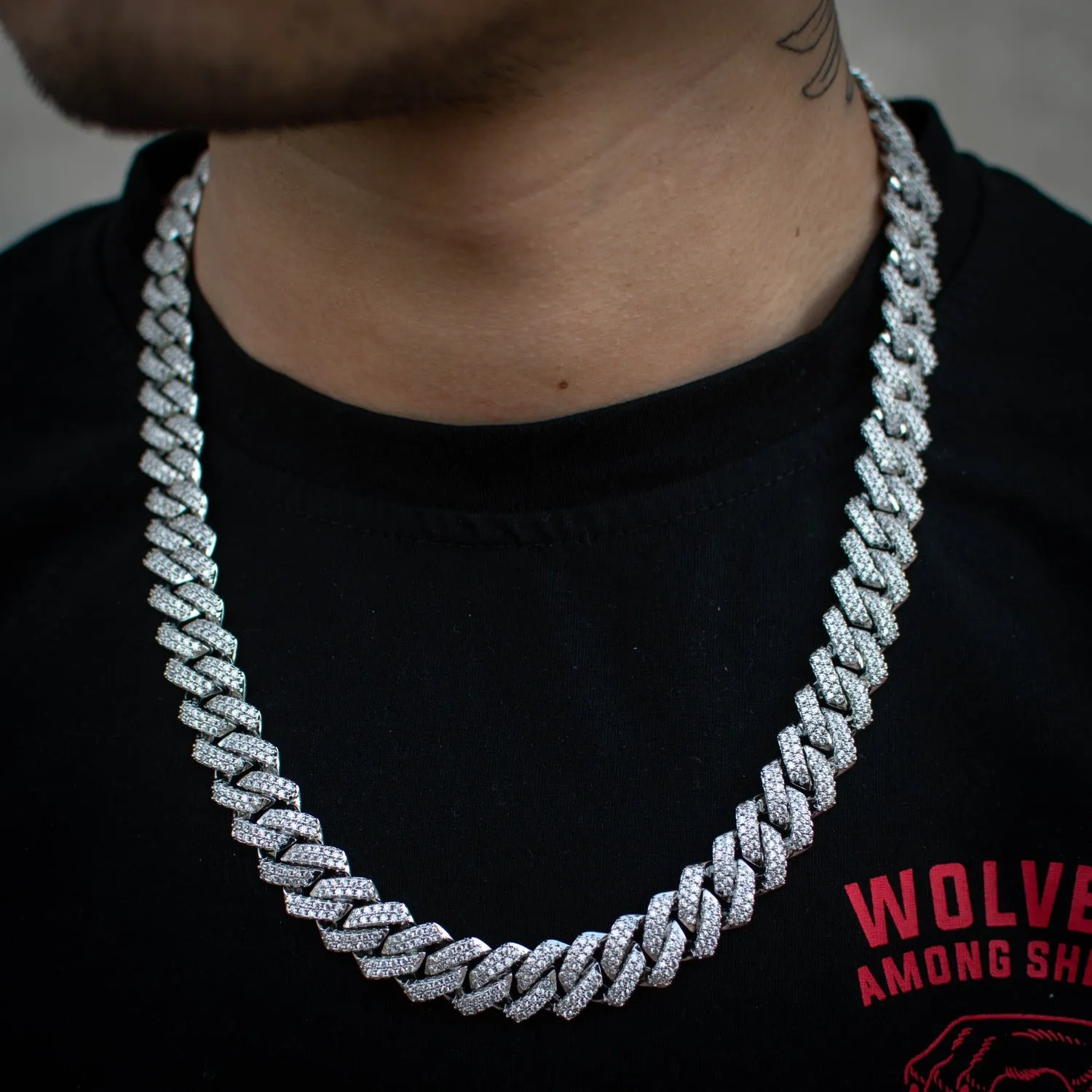 Diamond Straight Edge Cuban Link Chain (12mm) in White Gold
