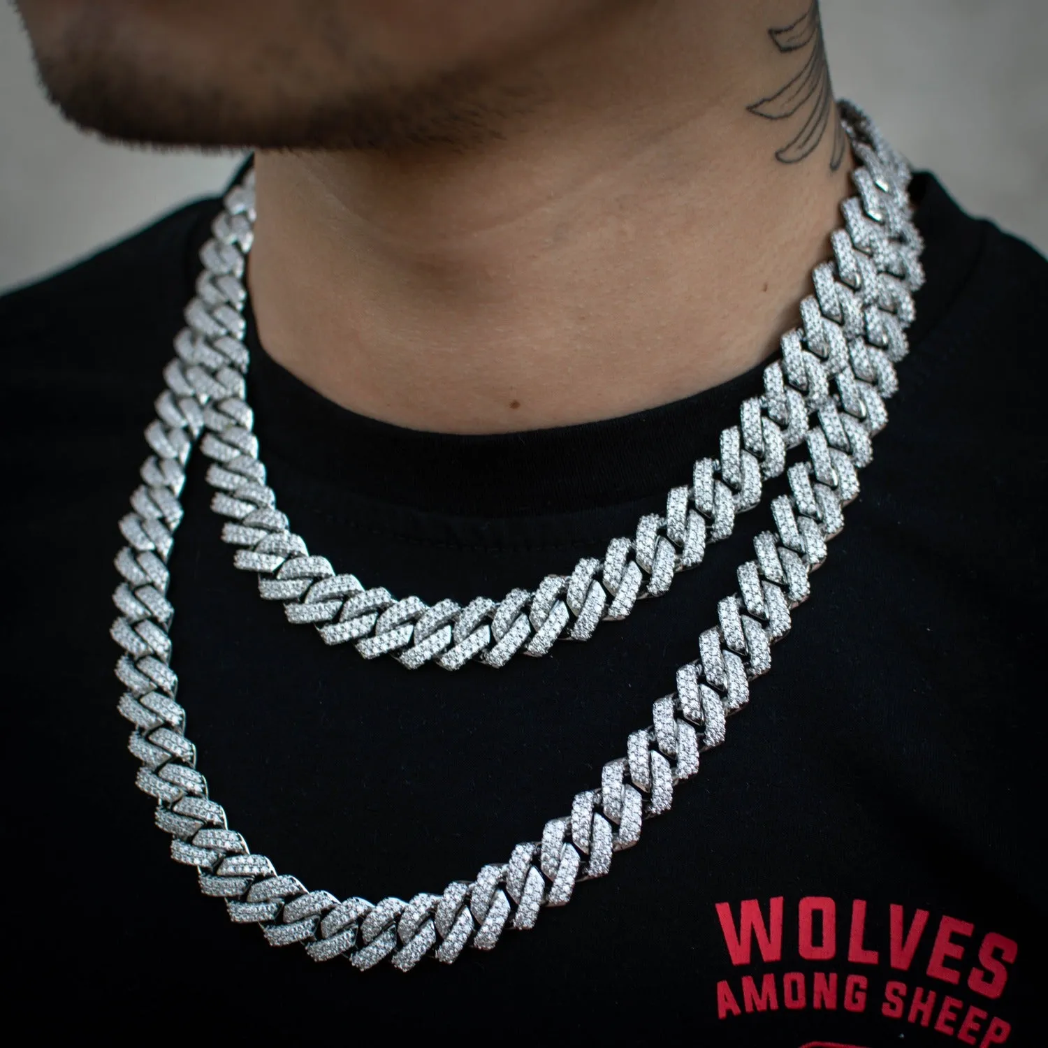 Diamond Straight Edge Cuban Link Chain (12mm) in White Gold