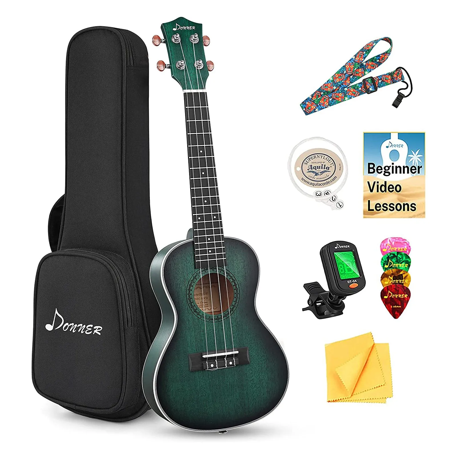 Donner DUC-200D Concert Ukulele Professional 23 Inch Mahogany Ukelele with Online Lesson Gig Bag Aquila String Pick Tuner Strap Cloth Green