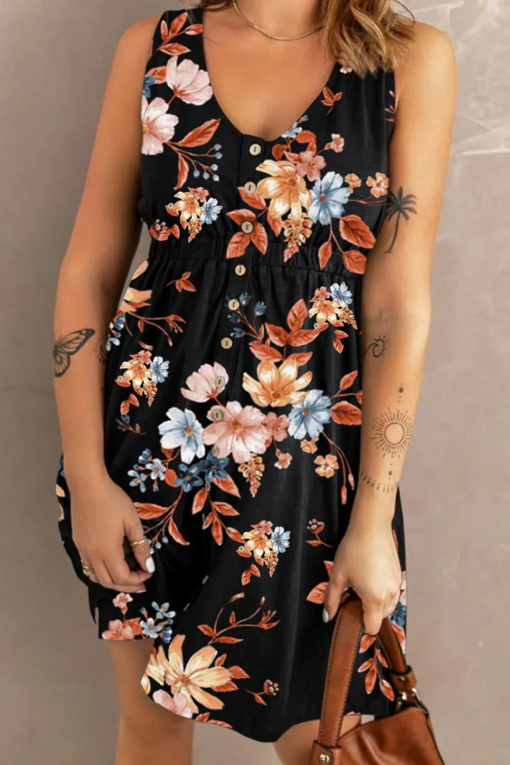 Double Take Printed Scoop Neck Sleeveless Buttoned Magic Dress with Pockets (5 Colors)