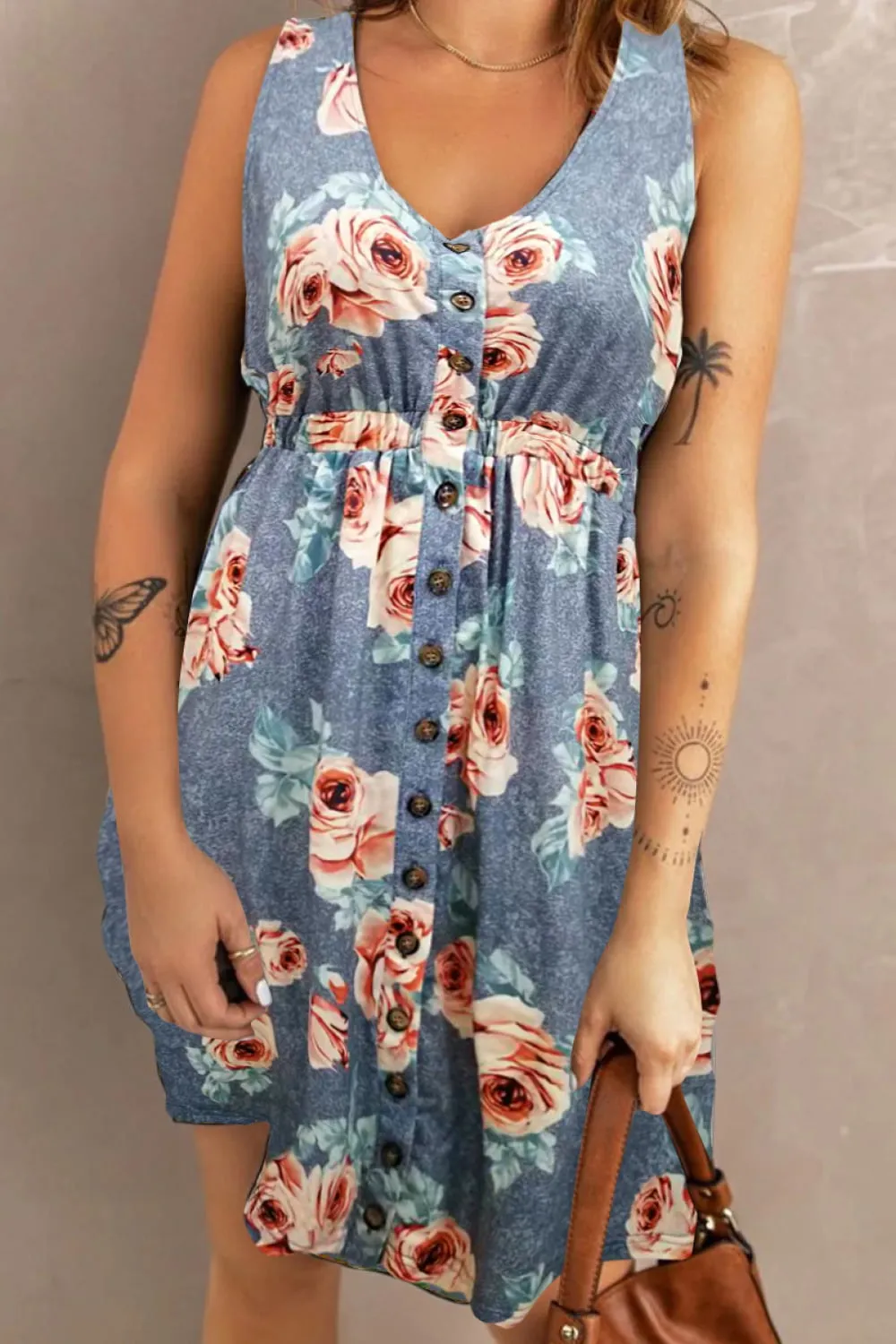 Double Take Printed Scoop Neck Sleeveless Buttoned Magic Dress with Pockets (5 Colors)