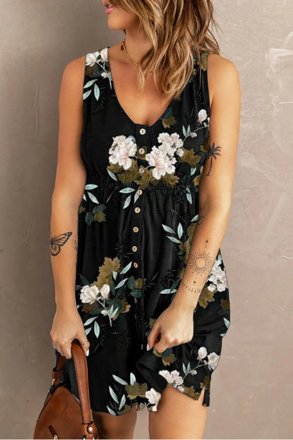 Double Take Printed Scoop Neck Sleeveless Buttoned Magic Dress with Pockets (5 Colors)