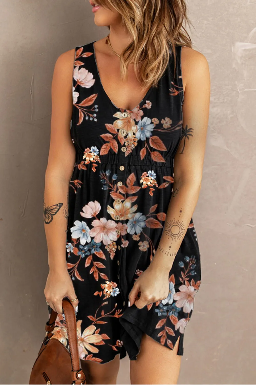 Double Take Printed Scoop Neck Sleeveless Buttoned Magic Dress with Pockets (5 Colors)