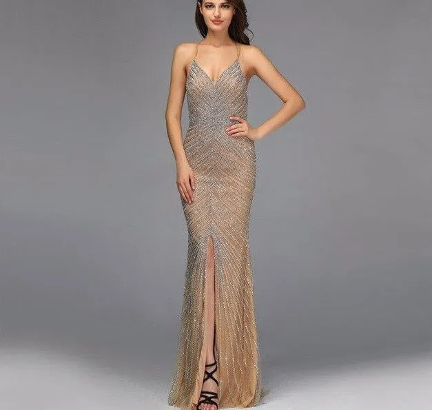 Dubai Gold Luxury Mermaid Evening Dresses Design Crystal Beading Backless Sexy Evening Gowns