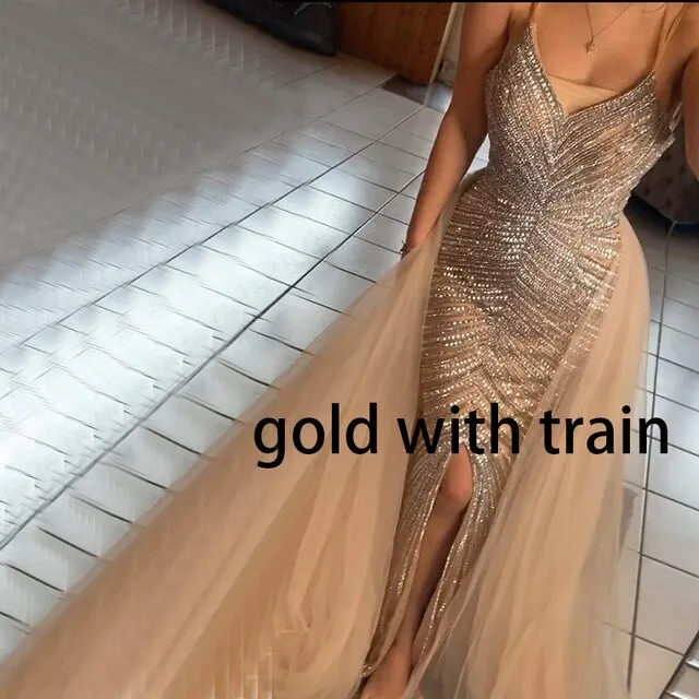 Dubai Gold Luxury Mermaid Evening Dresses Design Crystal Beading Backless Sexy Evening Gowns