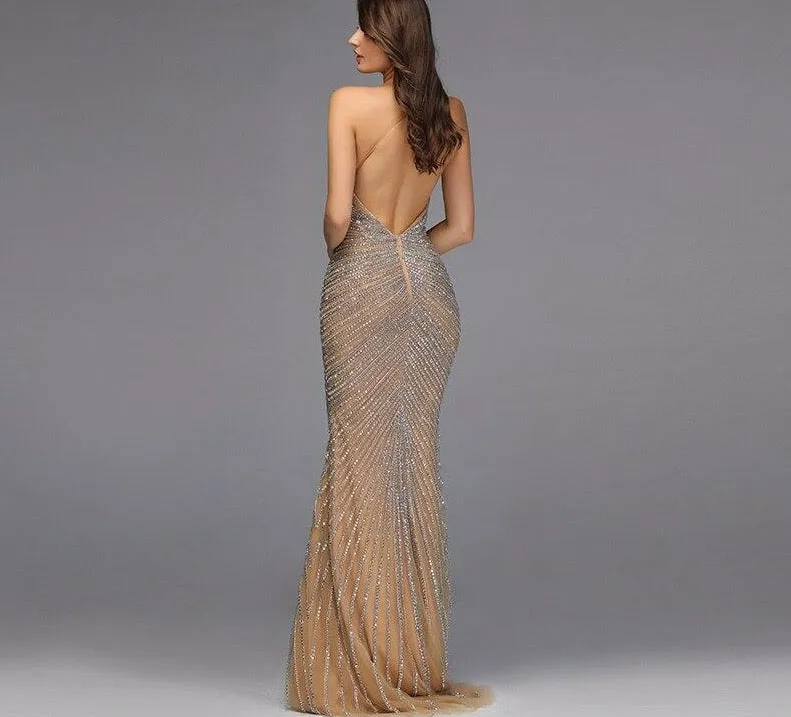 Dubai Gold Luxury Mermaid Evening Dresses Design Crystal Beading Backless Sexy Evening Gowns