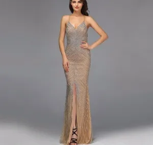 Dubai Gold Luxury Mermaid Evening Dresses Design Crystal Beading Backless Sexy Evening Gowns