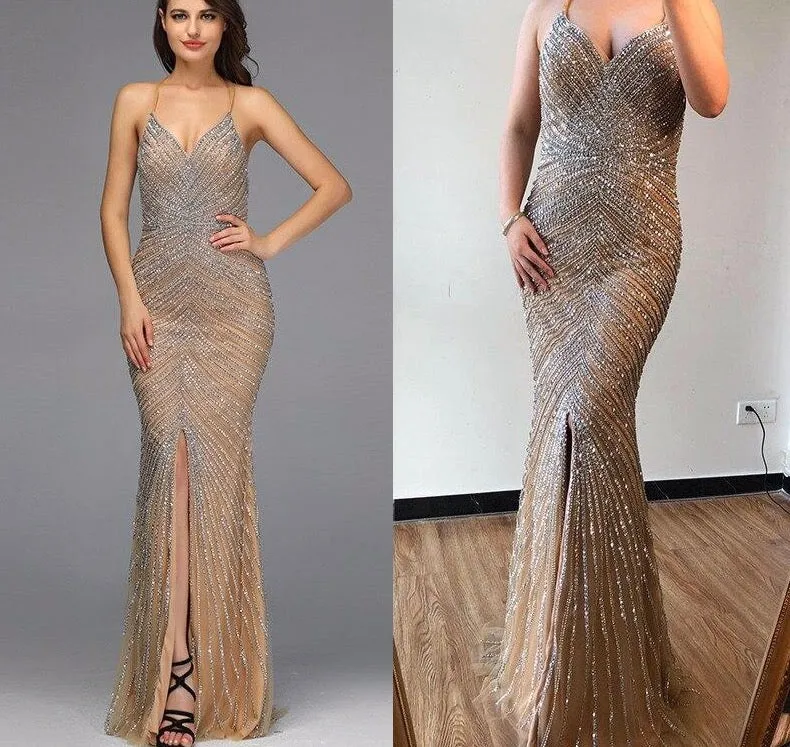 Dubai Gold Luxury Mermaid Evening Dresses Design Crystal Beading Backless Sexy Evening Gowns
