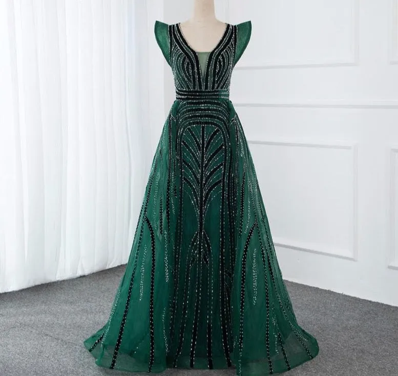 Dubai Navy Blue Deep-V Sexy Evening Dresses Sleeveless Crystal Luxury Mermaid Evening Gowns Design