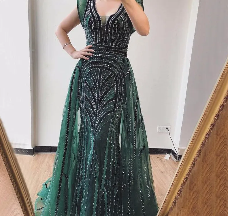 Dubai Navy Blue Deep-V Sexy Evening Dresses Sleeveless Crystal Luxury Mermaid Evening Gowns Design