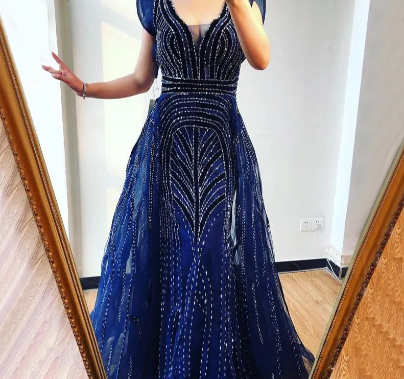 Dubai Navy Blue Deep-V Sexy Evening Dresses Sleeveless Crystal Luxury Mermaid Evening Gowns Design