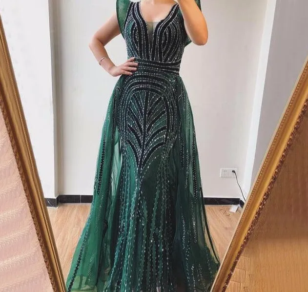 Dubai Navy Blue Deep-V Sexy Evening Dresses Sleeveless Crystal Luxury Mermaid Evening Gowns Design