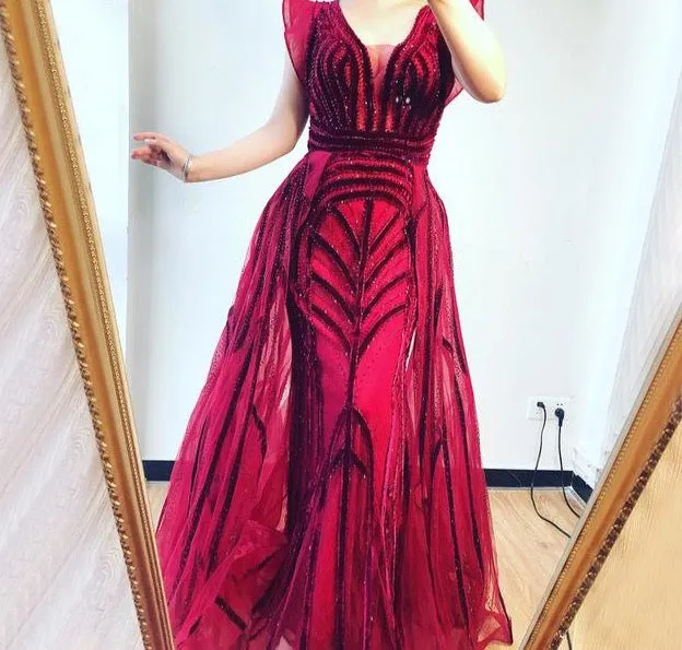 Dubai Navy Blue Deep-V Sexy Evening Dresses Sleeveless Crystal Luxury Mermaid Evening Gowns Design