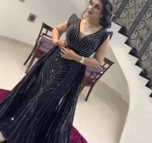 Dubai Navy Blue Deep-V Sexy Evening Dresses Sleeveless Crystal Luxury Mermaid Evening Gowns Design