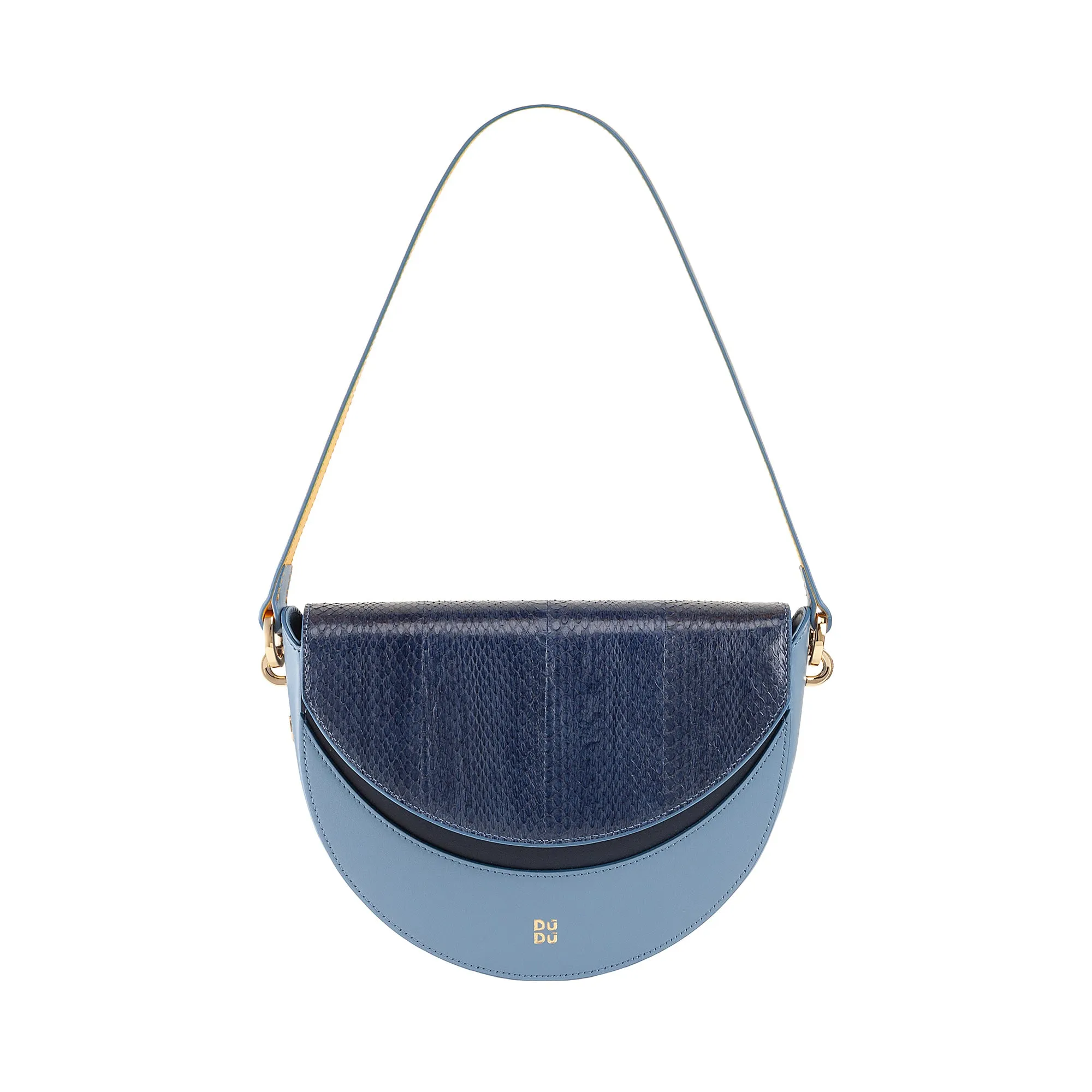 DUDU Women's bag with real leather shoulder, rigid crescent, made in Italy, handbag with flap and double shoulder strap, magnetic closure