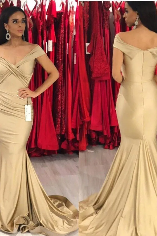 Elegant Chiffon Off-the-shoulder Gold Mermaid Evening Dress Long