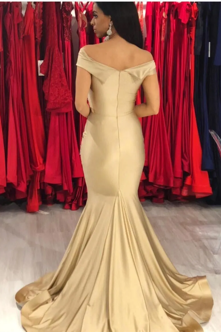 Elegant Chiffon Off-the-shoulder Gold Mermaid Evening Dress Long